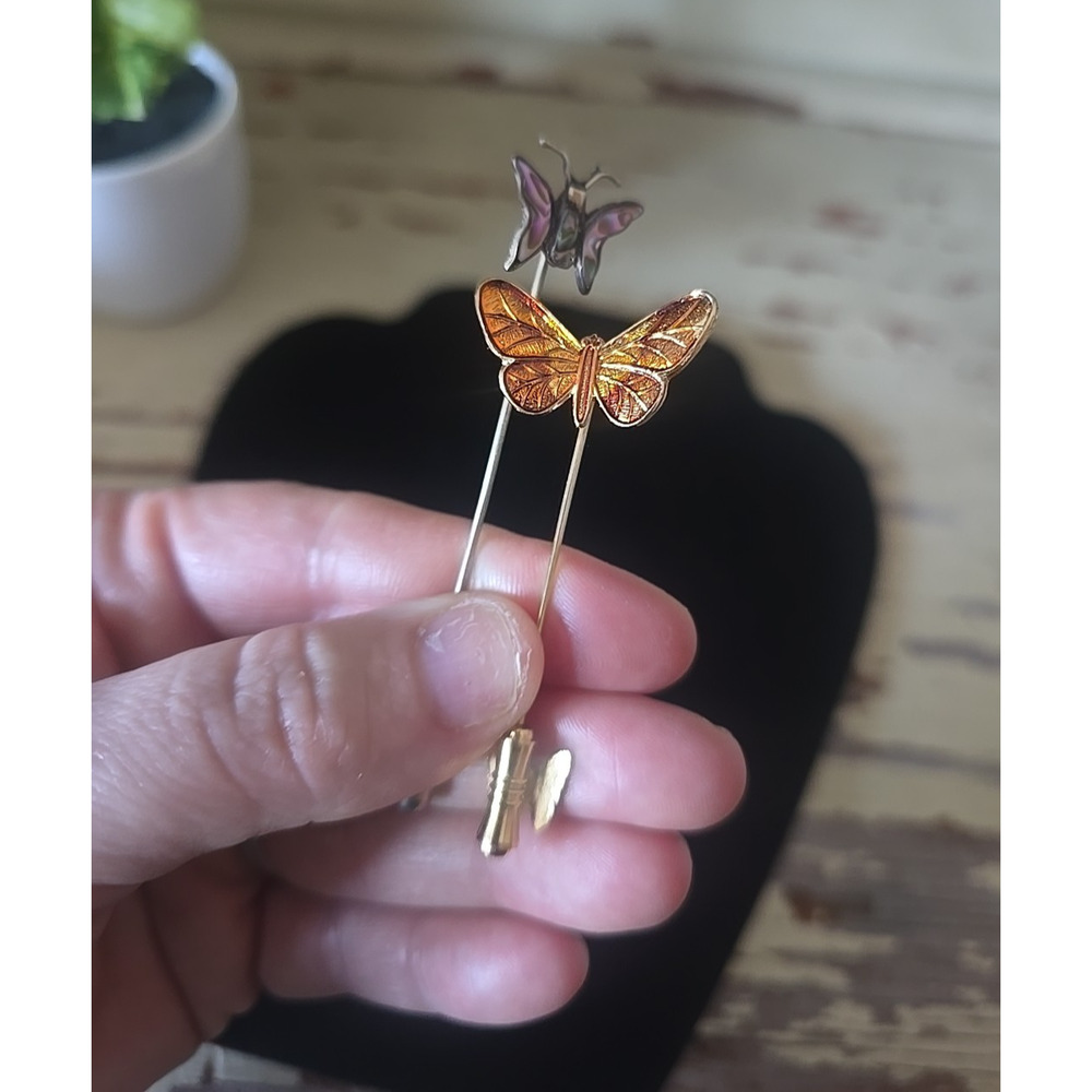 Lot of 2 Vtg Gold Tone Orange Purple Enamel Cloisonne Butterfly Stick Pins